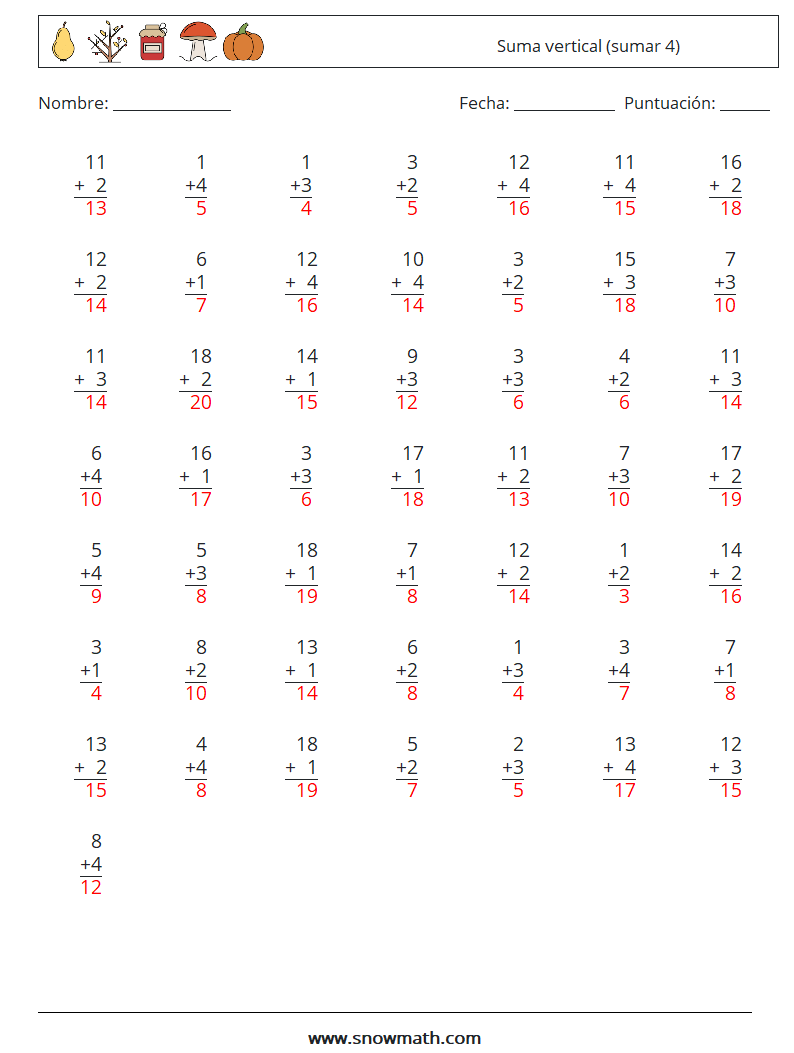 (50) Suma vertical (sumar 4) Hojas de trabajo de matemáticas 6 Pregunta, respuesta