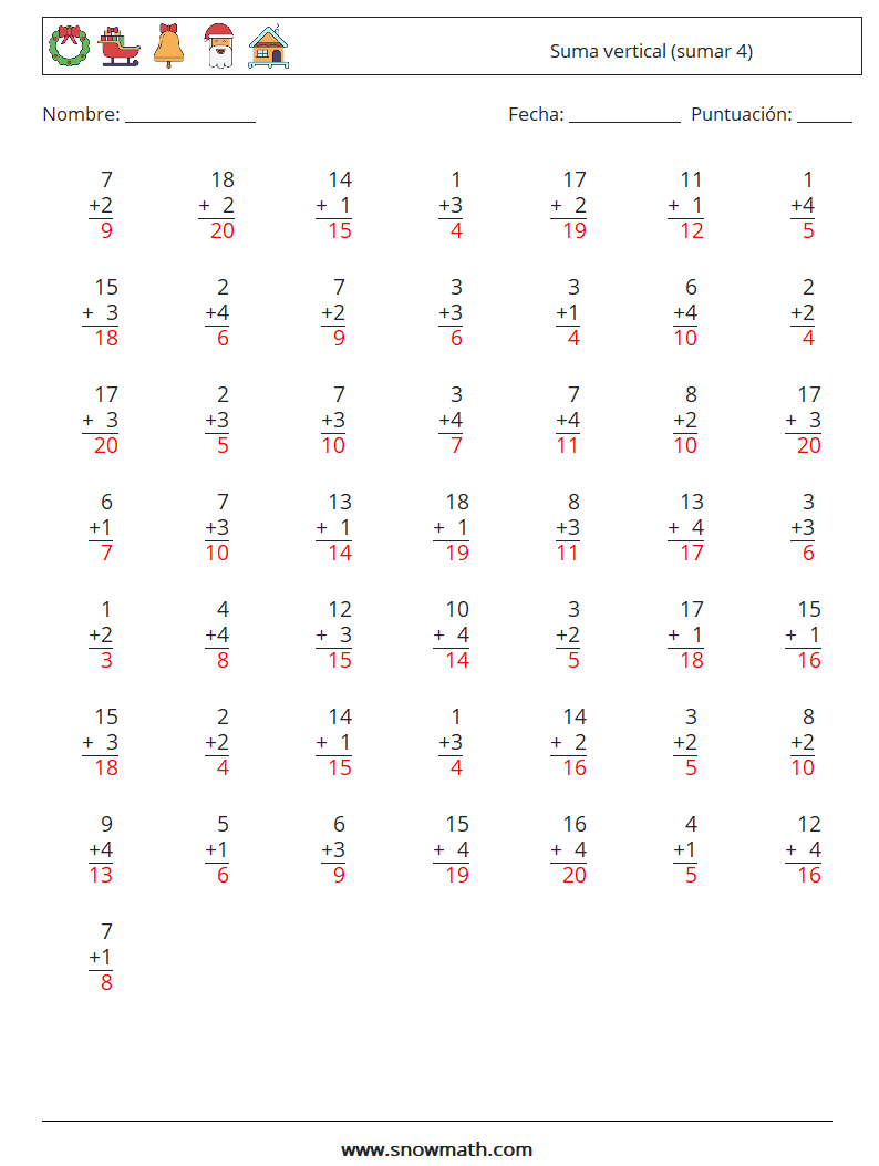 (50) Suma vertical (sumar 4) Hojas de trabajo de matemáticas 7 Pregunta, respuesta