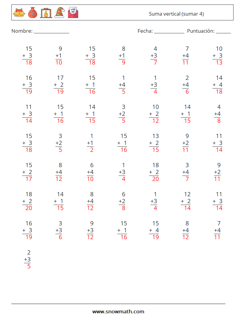 (50) Suma vertical (sumar 4) Hojas de trabajo de matemáticas 8 Pregunta, respuesta