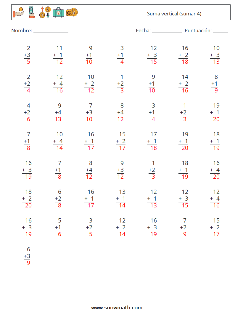 (50) Suma vertical (sumar 4) Hojas de trabajo de matemáticas 9 Pregunta, respuesta