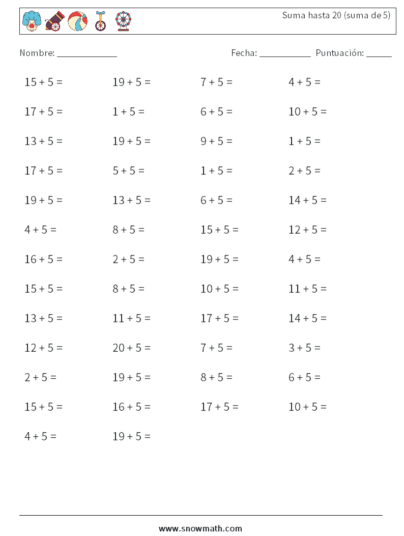 (50) Suma hasta 20 (suma de 5) Hojas de trabajo de matemáticas 1