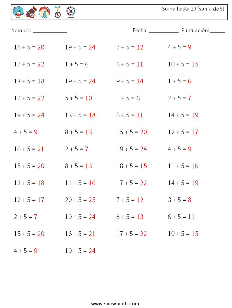 (50) Suma hasta 20 (suma de 5) Hojas de trabajo de matemáticas 1 Pregunta, respuesta