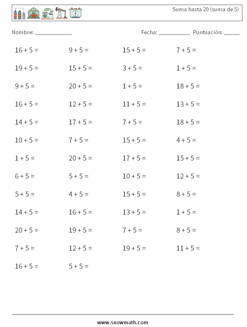 (50) Suma hasta 20 (suma de 5) Hojas de trabajo de matemáticas 2