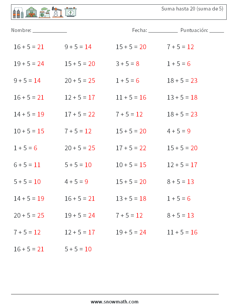 (50) Suma hasta 20 (suma de 5) Hojas de trabajo de matemáticas 2 Pregunta, respuesta