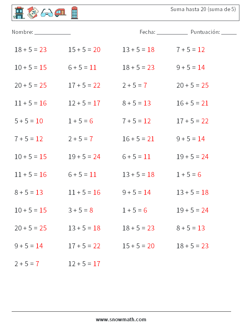 (50) Suma hasta 20 (suma de 5) Hojas de trabajo de matemáticas 3 Pregunta, respuesta
