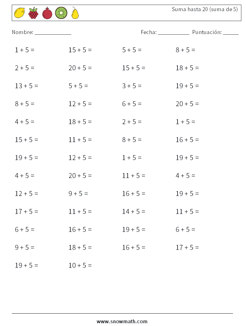 (50) Suma hasta 20 (suma de 5) Hojas de trabajo de matemáticas 4