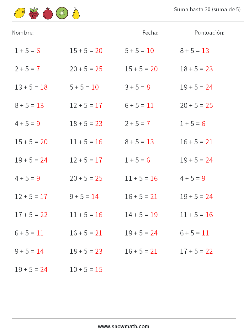 (50) Suma hasta 20 (suma de 5) Hojas de trabajo de matemáticas 4 Pregunta, respuesta
