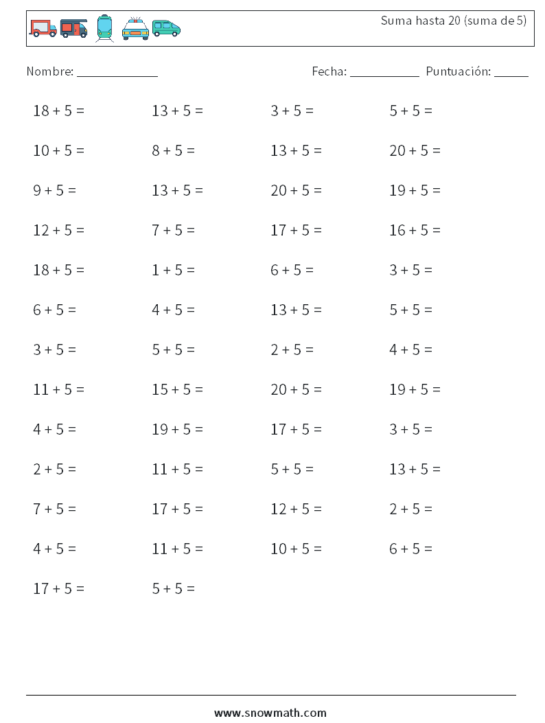 (50) Suma hasta 20 (suma de 5) Hojas de trabajo de matemáticas 5