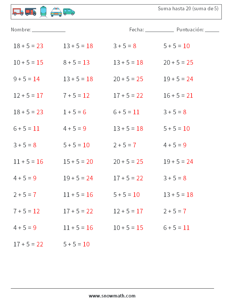 (50) Suma hasta 20 (suma de 5) Hojas de trabajo de matemáticas 5 Pregunta, respuesta
