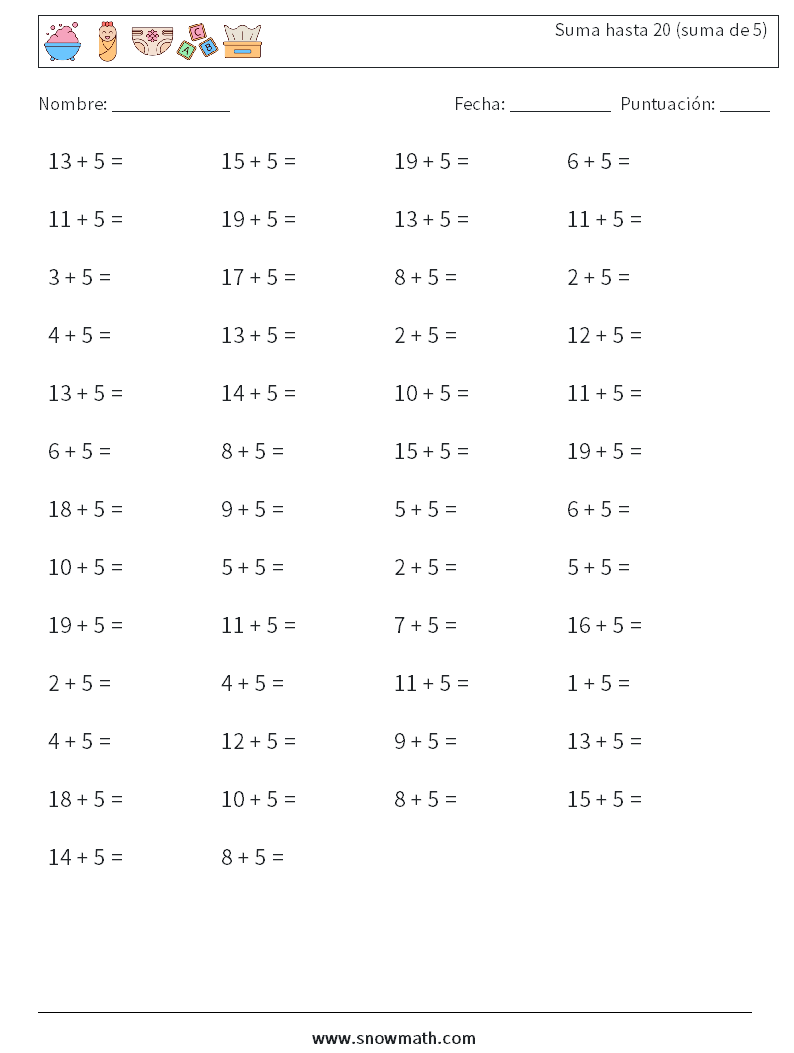 (50) Suma hasta 20 (suma de 5) Hojas de trabajo de matemáticas 6