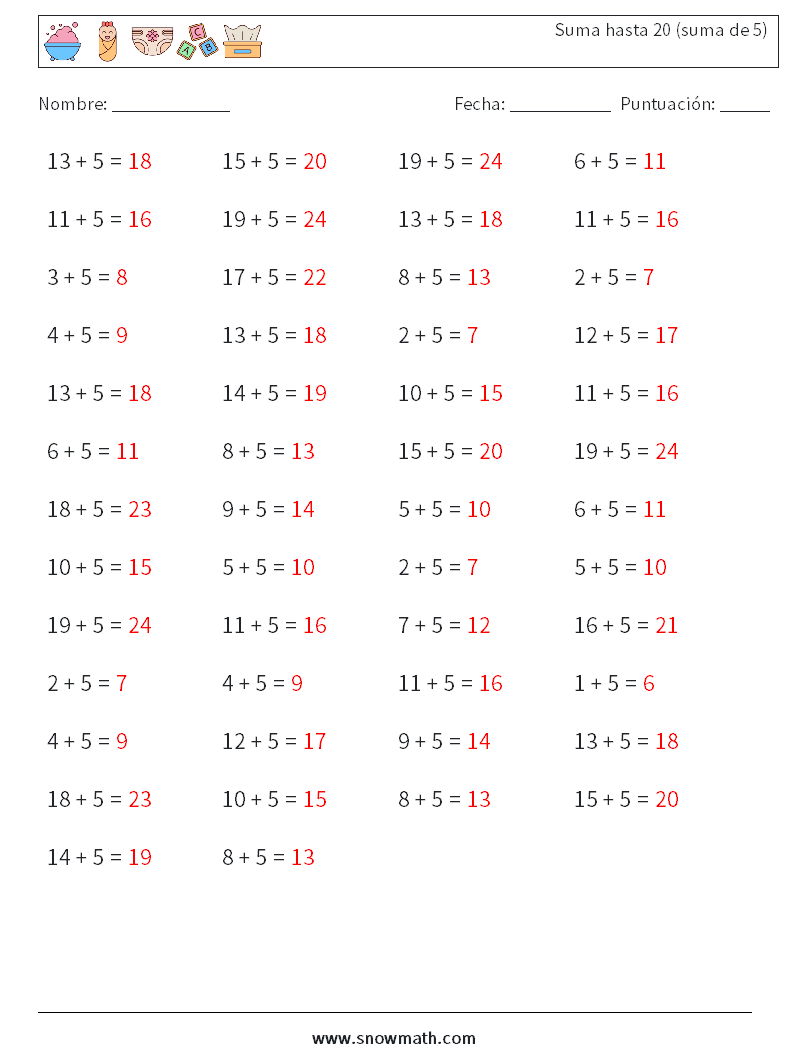 (50) Suma hasta 20 (suma de 5) Hojas de trabajo de matemáticas 6 Pregunta, respuesta
