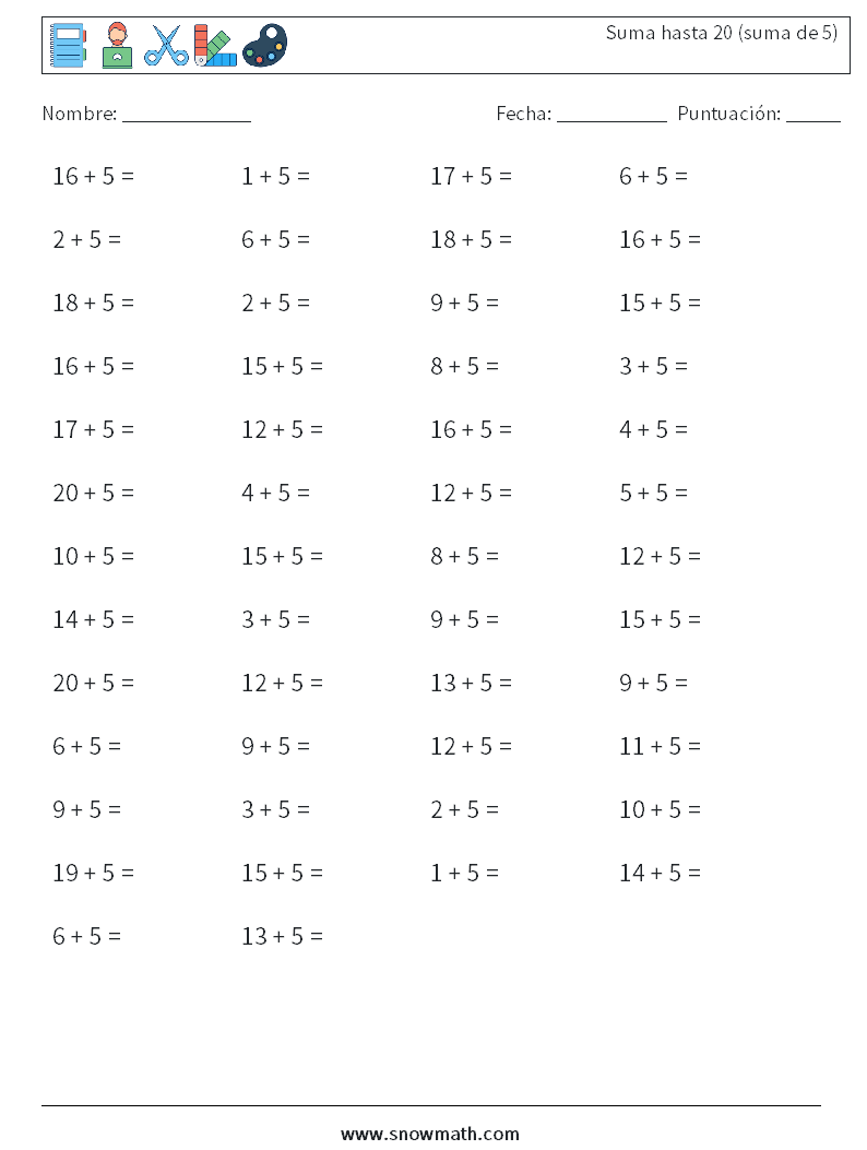 (50) Suma hasta 20 (suma de 5) Hojas de trabajo de matemáticas 7