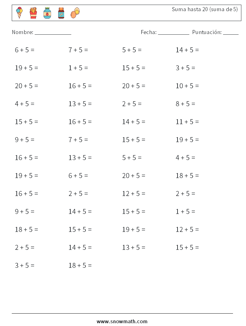 (50) Suma hasta 20 (suma de 5) Hojas de trabajo de matemáticas 9
