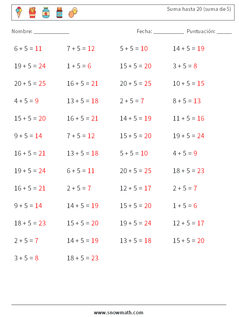(50) Suma hasta 20 (suma de 5) Hojas de trabajo de matemáticas 9 Pregunta, respuesta