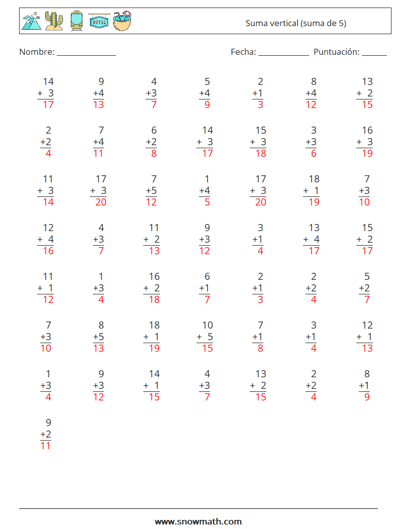 (50) Suma vertical (suma de 5) Hojas de trabajo de matemáticas 10 Pregunta, respuesta