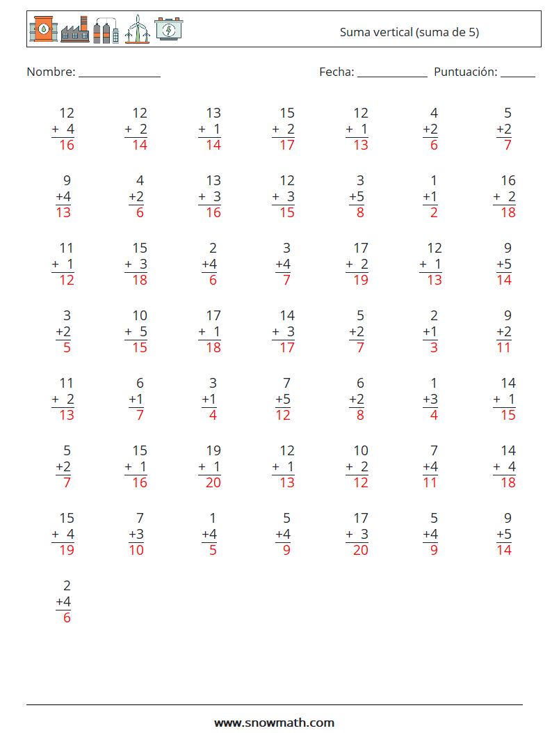 (50) Suma vertical (suma de 5) Hojas de trabajo de matemáticas 11 Pregunta, respuesta