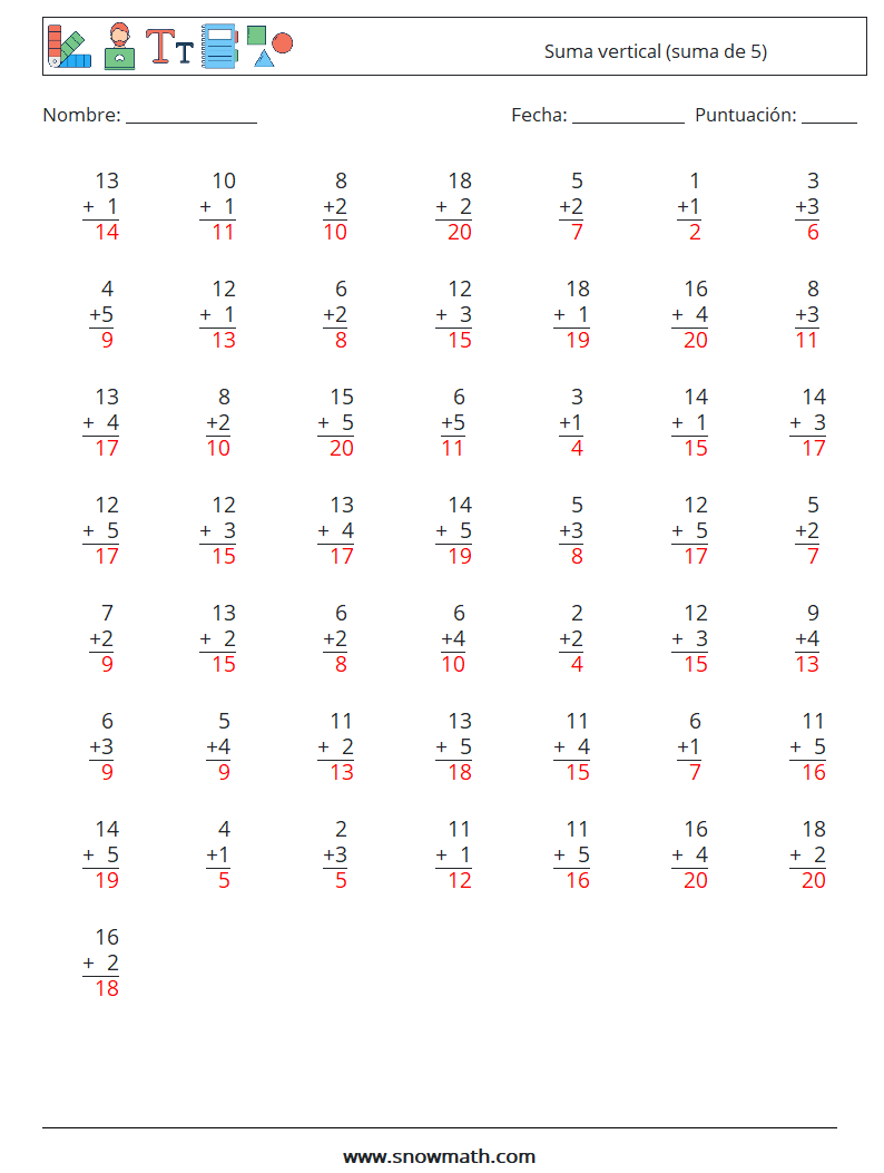 (50) Suma vertical (suma de 5) Hojas de trabajo de matemáticas 12 Pregunta, respuesta