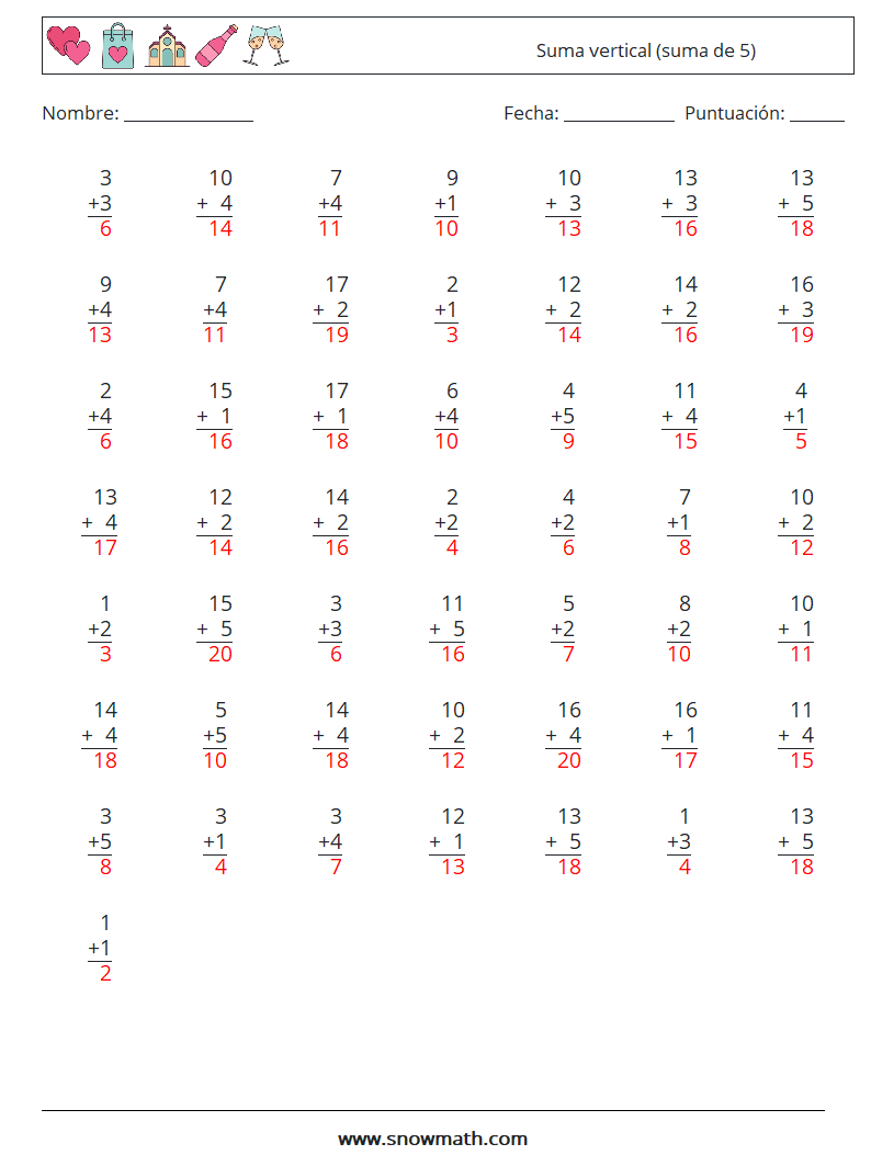 (50) Suma vertical (suma de 5) Hojas de trabajo de matemáticas 13 Pregunta, respuesta