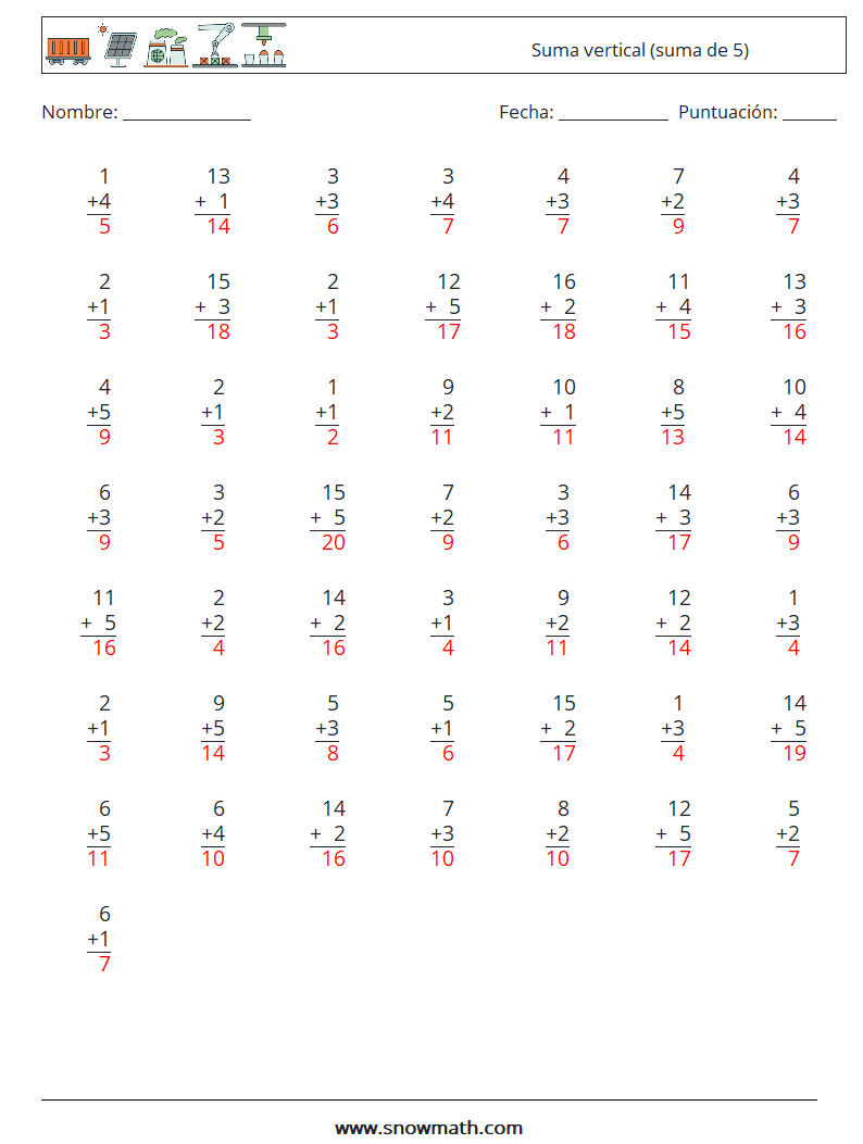 (50) Suma vertical (suma de 5) Hojas de trabajo de matemáticas 14 Pregunta, respuesta