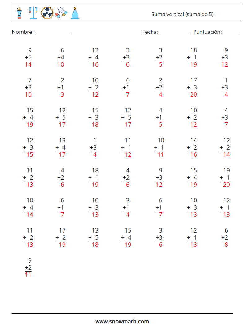 (50) Suma vertical (suma de 5) Hojas de trabajo de matemáticas 16 Pregunta, respuesta