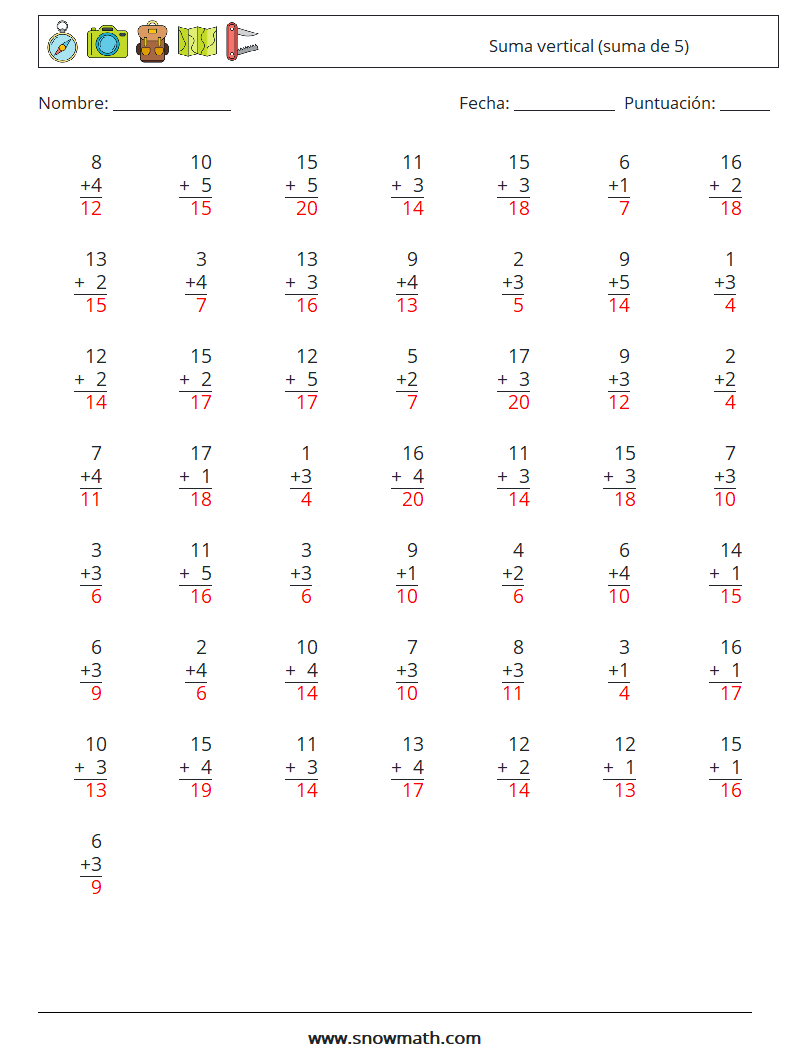 (50) Suma vertical (suma de 5) Hojas de trabajo de matemáticas 17 Pregunta, respuesta