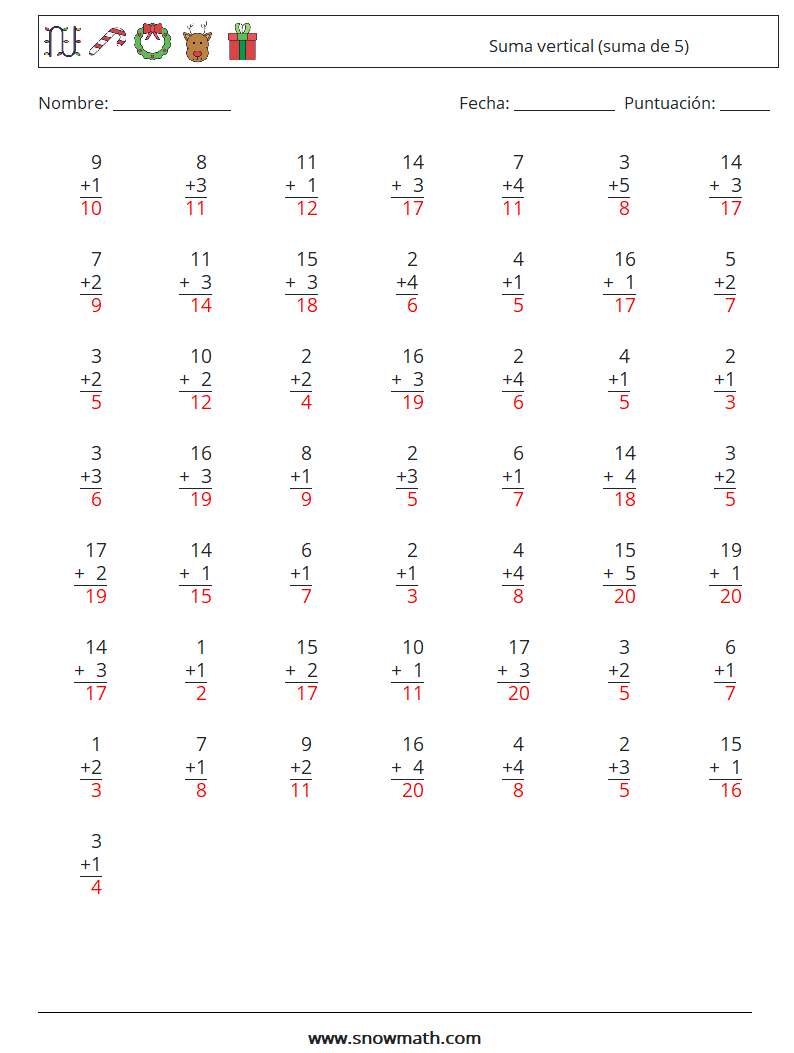 (50) Suma vertical (suma de 5) Hojas de trabajo de matemáticas 18 Pregunta, respuesta