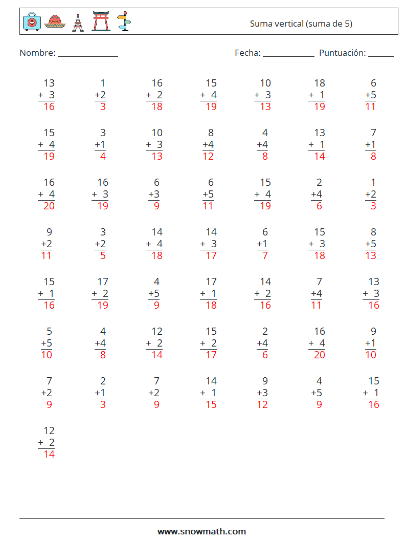 (50) Suma vertical (suma de 5) Hojas de trabajo de matemáticas 2 Pregunta, respuesta