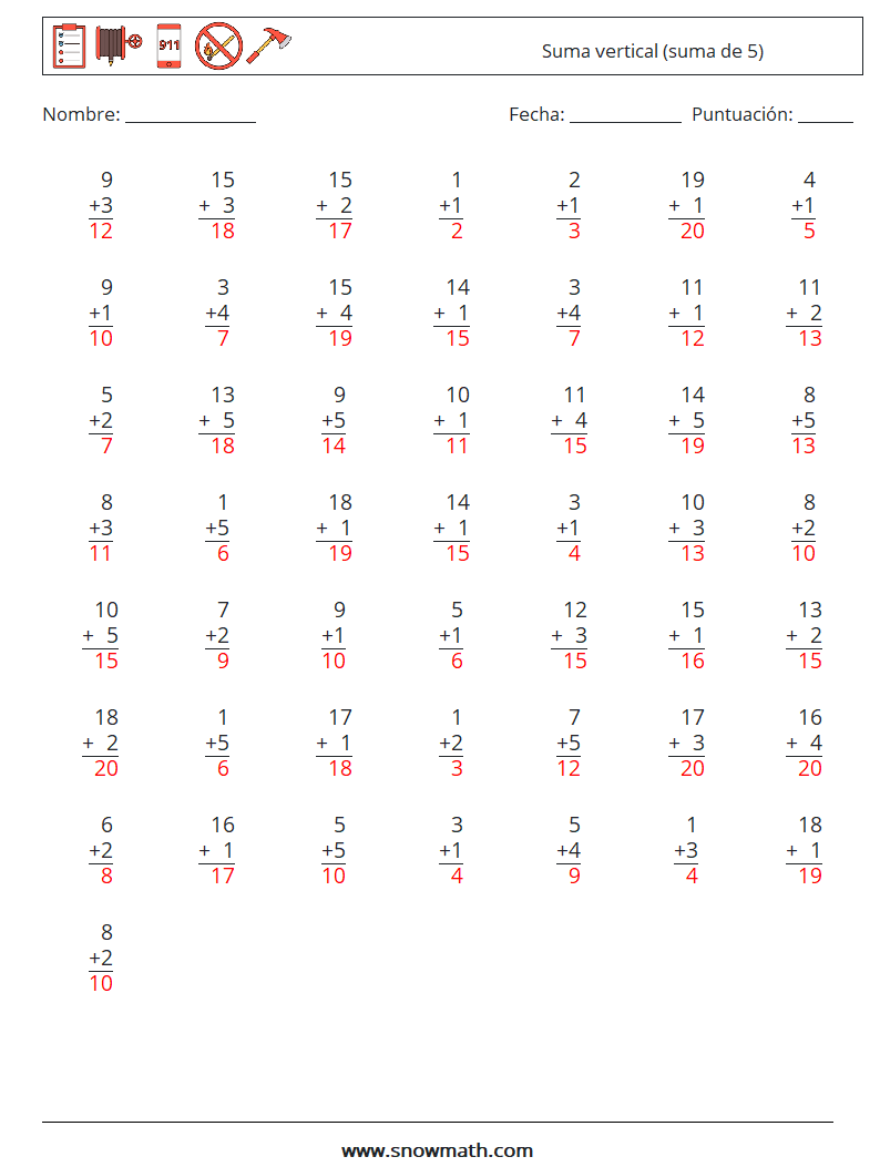 (50) Suma vertical (suma de 5) Hojas de trabajo de matemáticas 3 Pregunta, respuesta