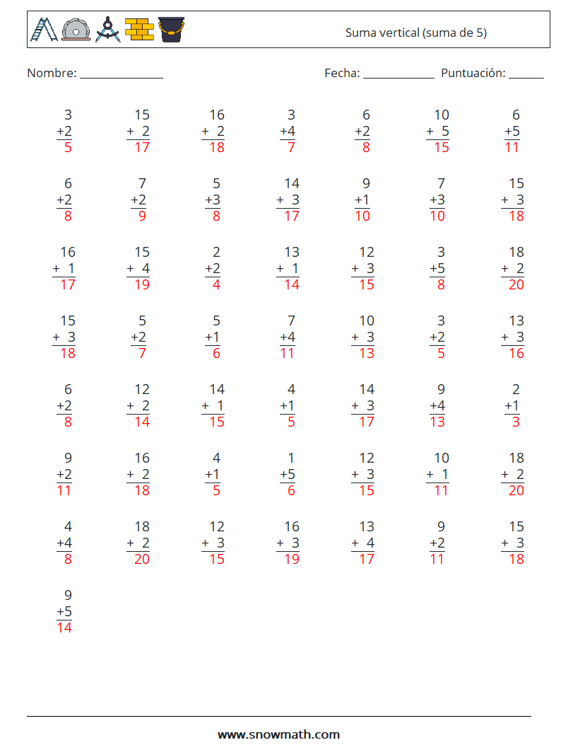 (50) Suma vertical (suma de 5) Hojas de trabajo de matemáticas 4 Pregunta, respuesta