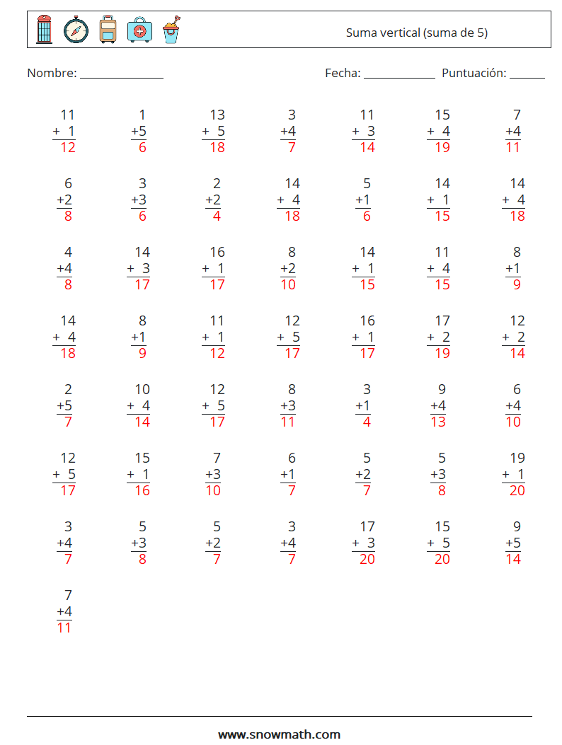 (50) Suma vertical (suma de 5) Hojas de trabajo de matemáticas 5 Pregunta, respuesta