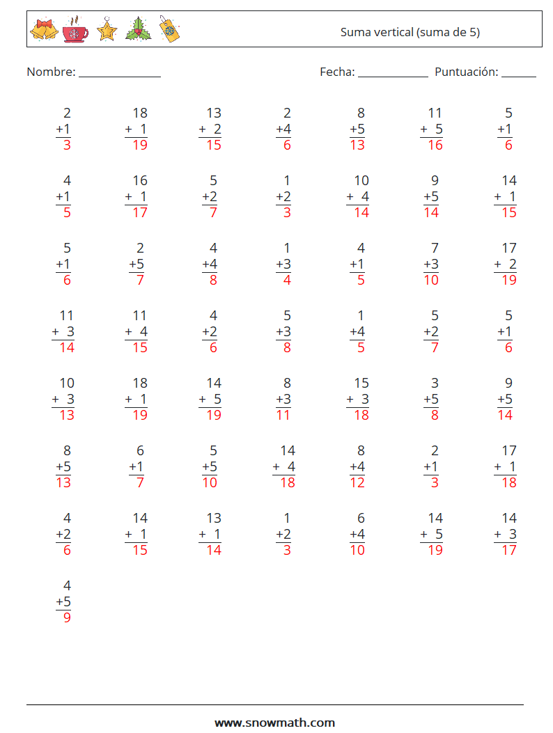 (50) Suma vertical (suma de 5) Hojas de trabajo de matemáticas 6 Pregunta, respuesta