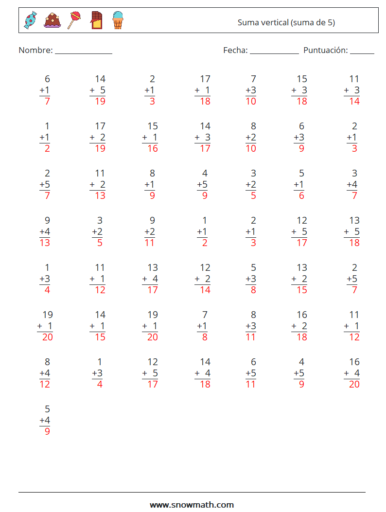 (50) Suma vertical (suma de 5) Hojas de trabajo de matemáticas 7 Pregunta, respuesta