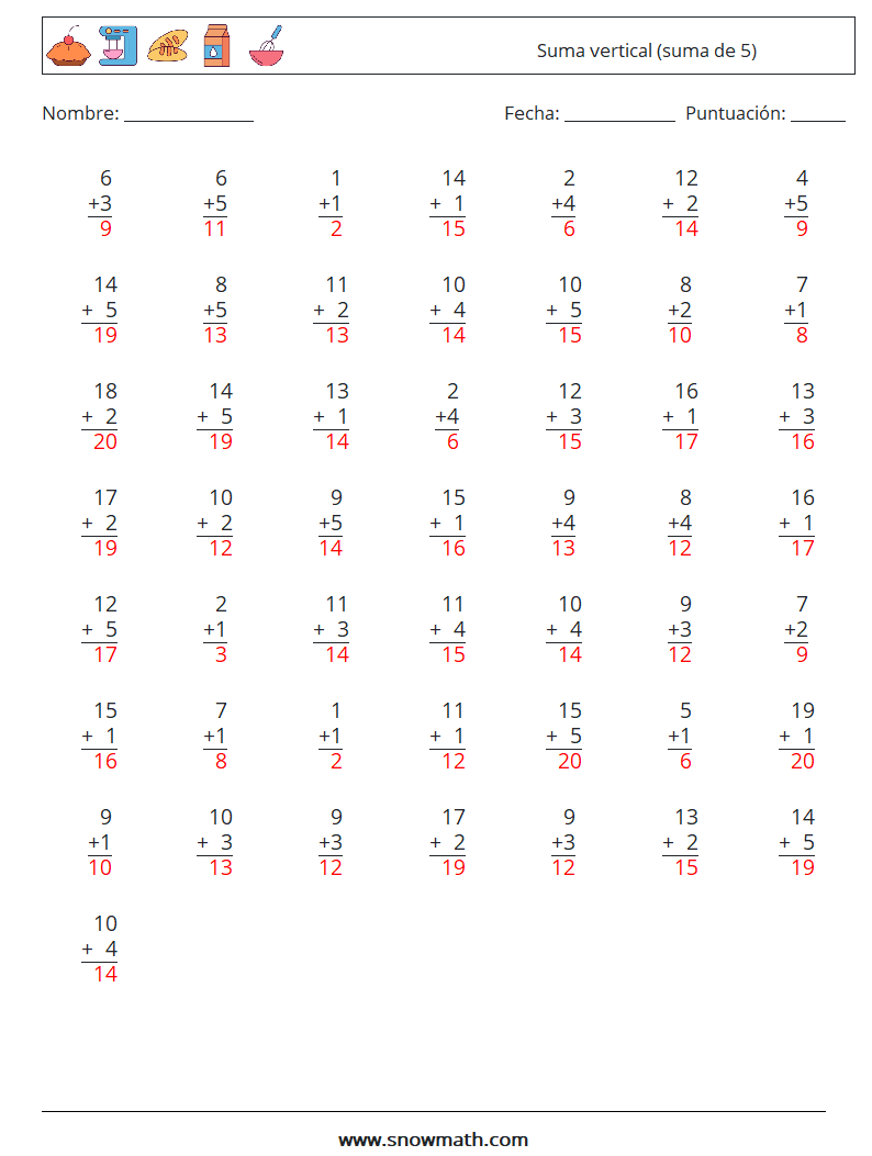 (50) Suma vertical (suma de 5) Hojas de trabajo de matemáticas 9 Pregunta, respuesta