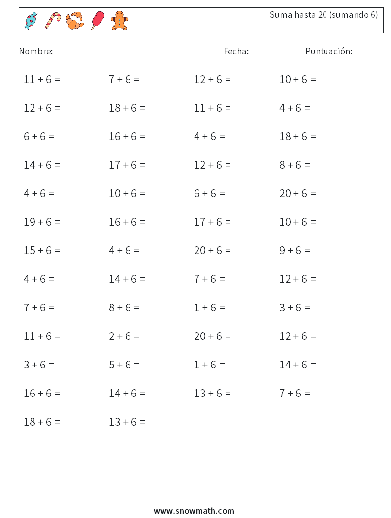 (50) Suma hasta 20 (sumando 6) Hojas de trabajo de matemáticas 1