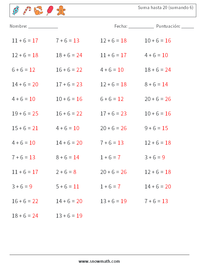 (50) Suma hasta 20 (sumando 6) Hojas de trabajo de matemáticas 1 Pregunta, respuesta