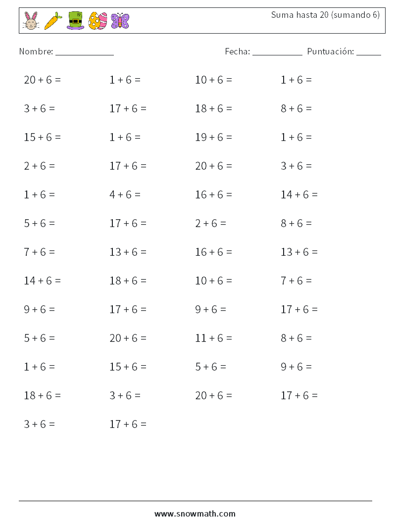 (50) Suma hasta 20 (sumando 6) Hojas de trabajo de matemáticas 2
