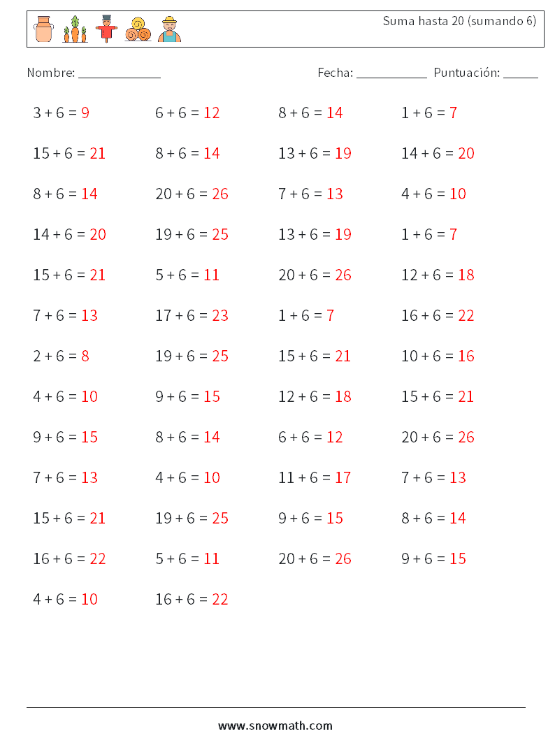 (50) Suma hasta 20 (sumando 6) Hojas de trabajo de matemáticas 3 Pregunta, respuesta