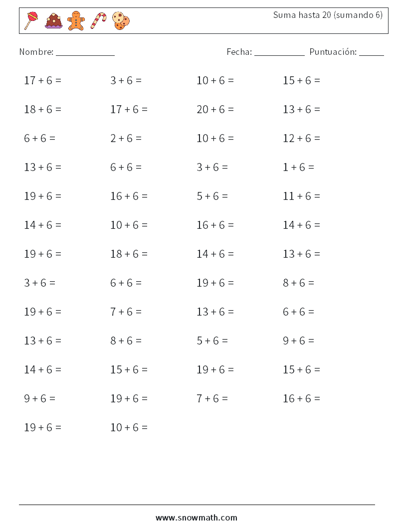 (50) Suma hasta 20 (sumando 6) Hojas de trabajo de matemáticas 4