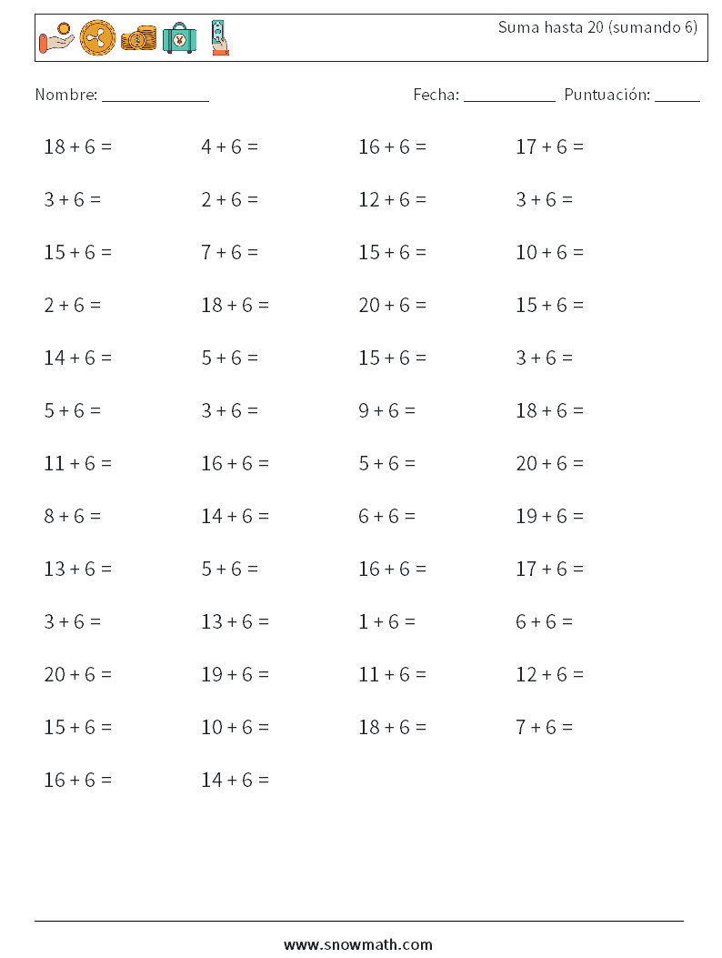 (50) Suma hasta 20 (sumando 6) Hojas de trabajo de matemáticas 5