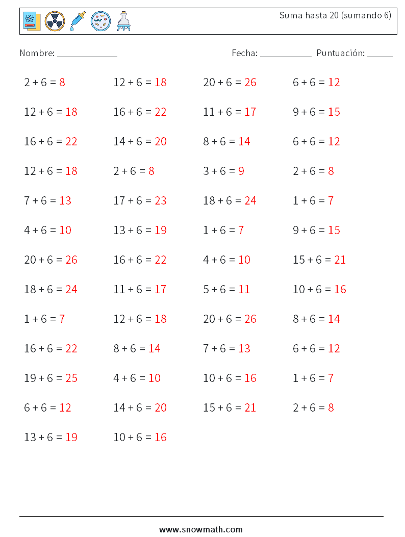 (50) Suma hasta 20 (sumando 6) Hojas de trabajo de matemáticas 6 Pregunta, respuesta