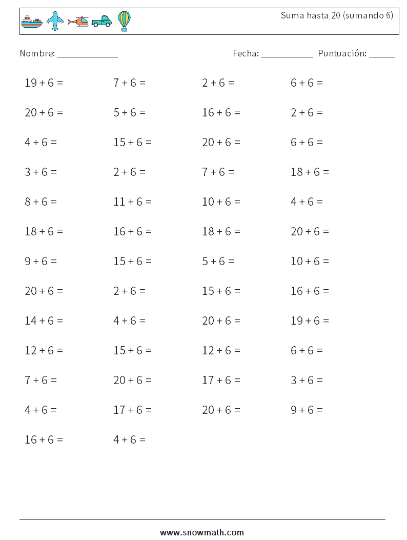 (50) Suma hasta 20 (sumando 6) Hojas de trabajo de matemáticas 7