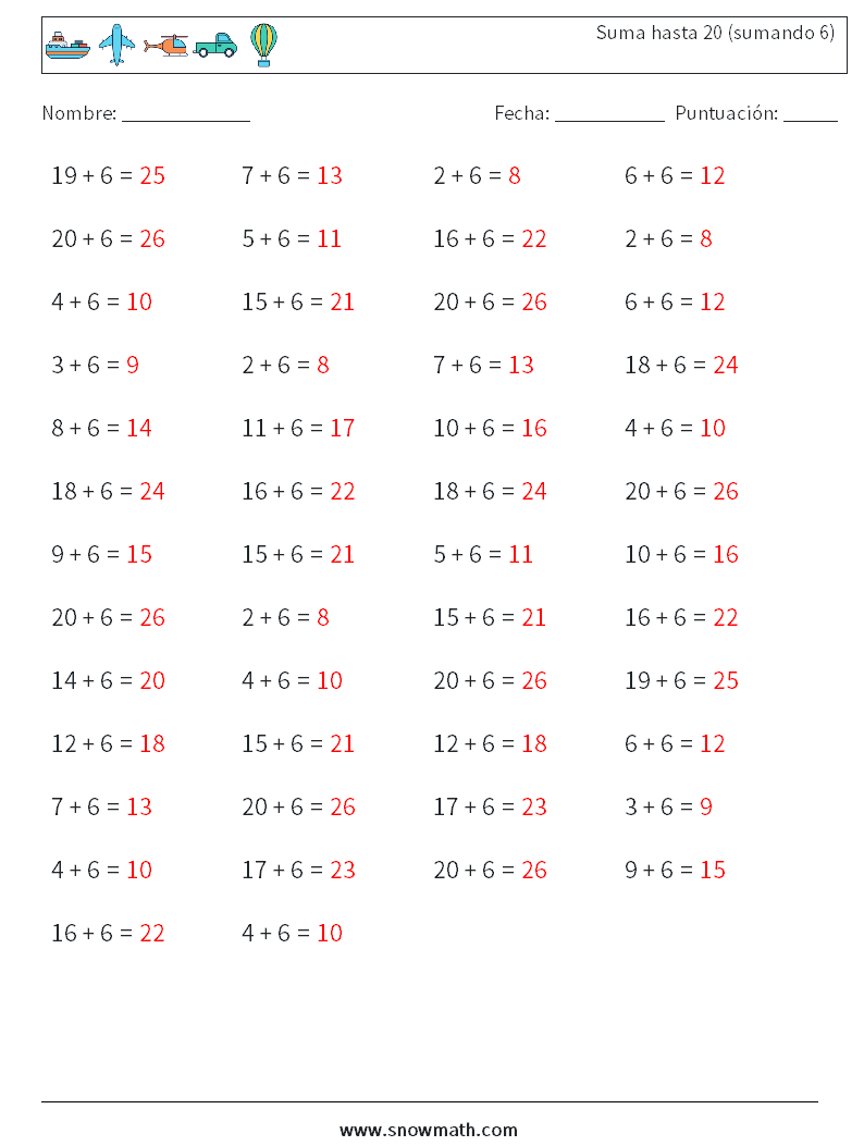 (50) Suma hasta 20 (sumando 6) Hojas de trabajo de matemáticas 7 Pregunta, respuesta