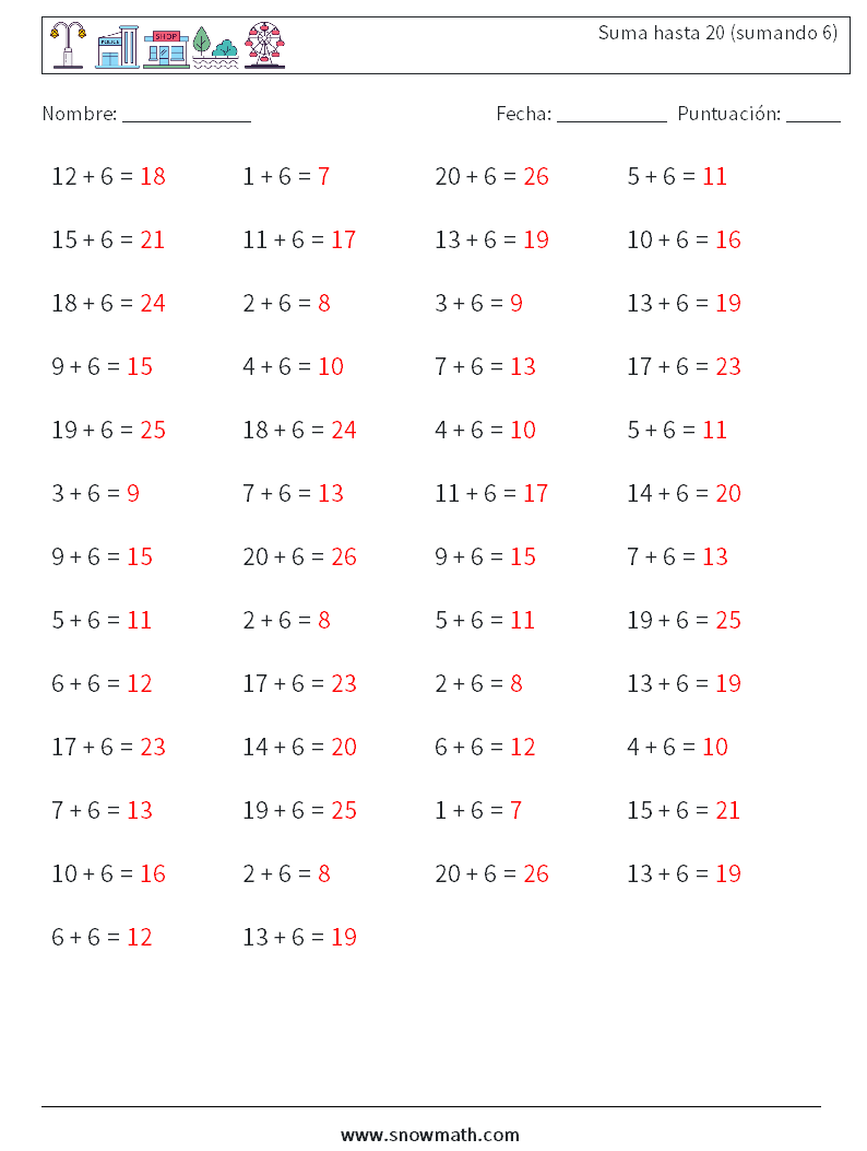 (50) Suma hasta 20 (sumando 6) Hojas de trabajo de matemáticas 8 Pregunta, respuesta