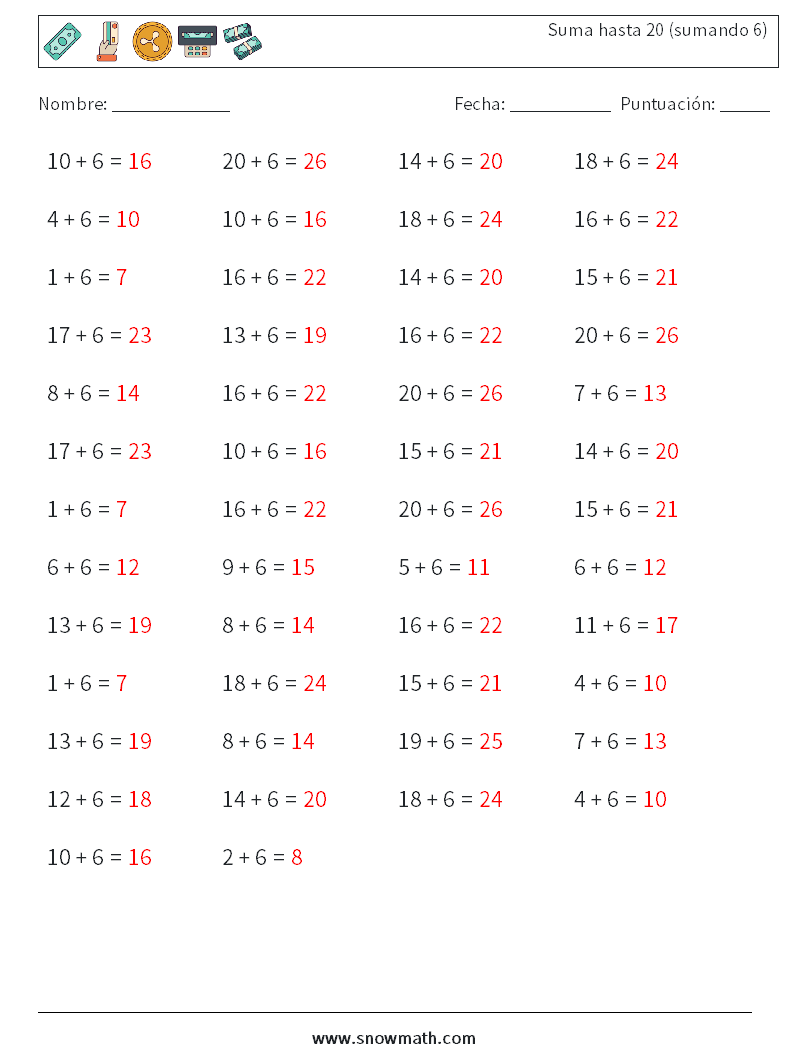 (50) Suma hasta 20 (sumando 6) Hojas de trabajo de matemáticas 9 Pregunta, respuesta
