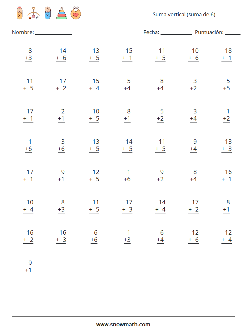 (50) Suma vertical (suma de 6) Hojas de trabajo de matemáticas 1