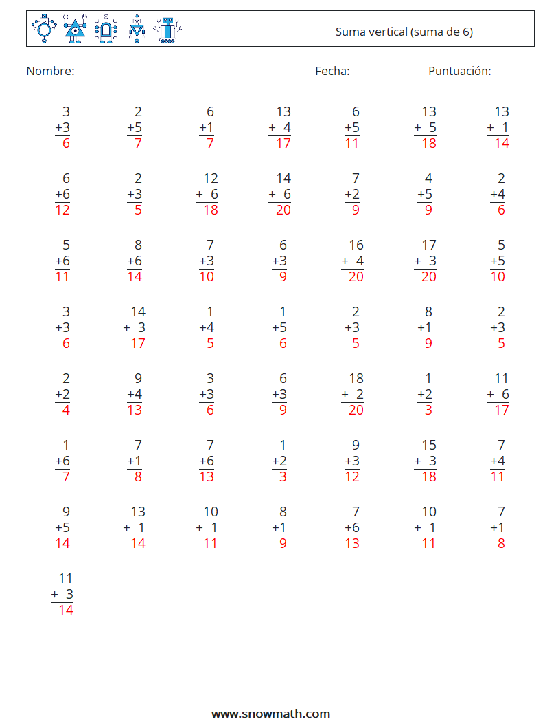 (50) Suma vertical (suma de 6) Hojas de trabajo de matemáticas 12 Pregunta, respuesta