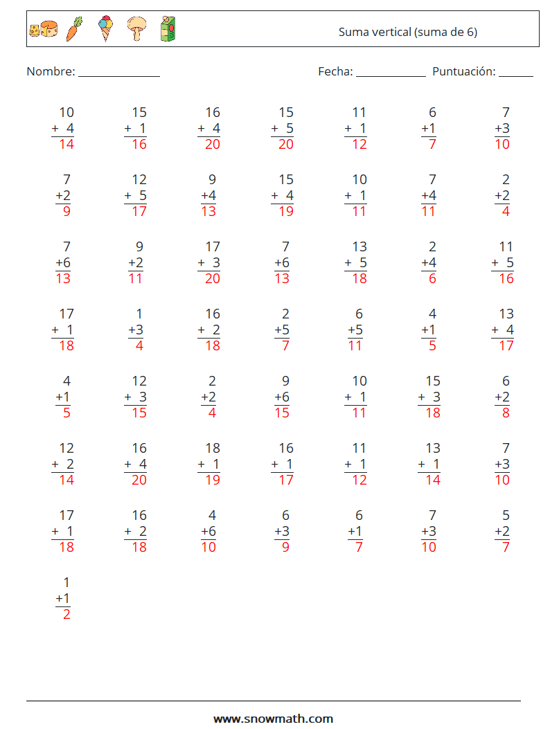 (50) Suma vertical (suma de 6) Hojas de trabajo de matemáticas 13 Pregunta, respuesta