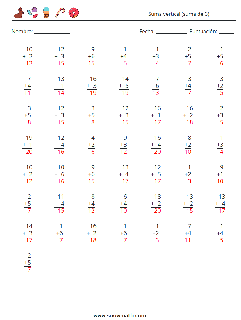 (50) Suma vertical (suma de 6) Hojas de trabajo de matemáticas 15 Pregunta, respuesta