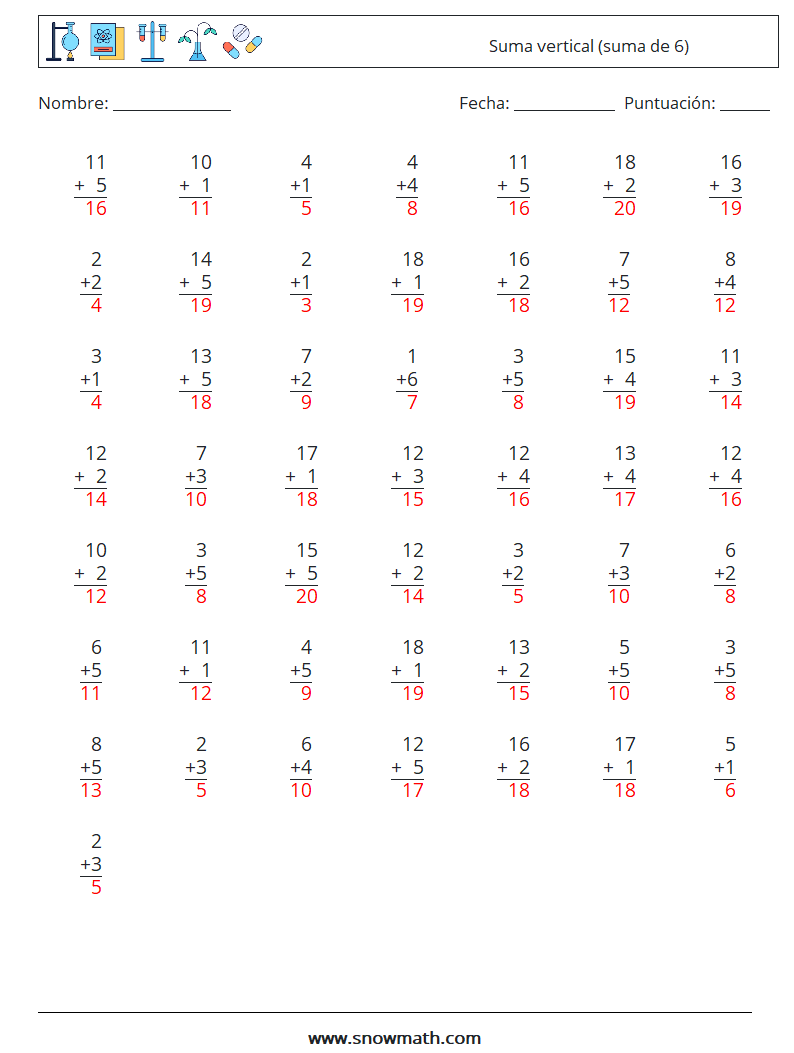 (50) Suma vertical (suma de 6) Hojas de trabajo de matemáticas 16 Pregunta, respuesta