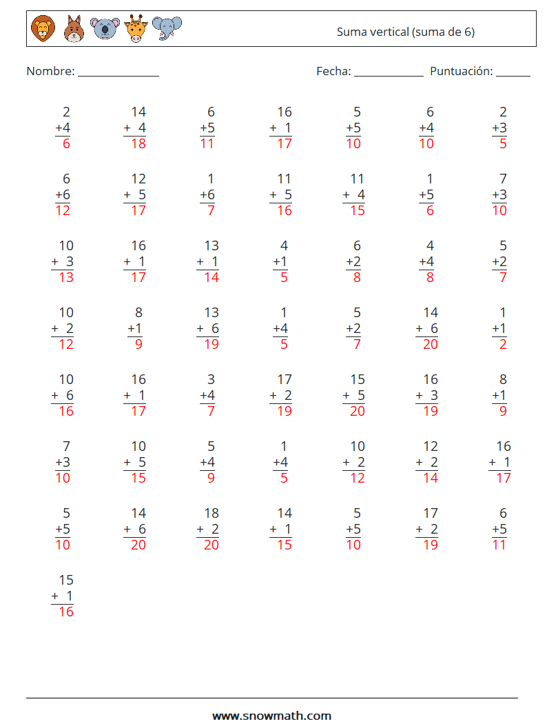 (50) Suma vertical (suma de 6) Hojas de trabajo de matemáticas 17 Pregunta, respuesta